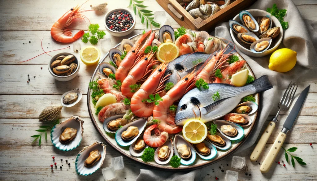 Tips on How to Clean Seafood with Salt Water. Image of freshly cleaned seafood, beautifully arranged on a plate.