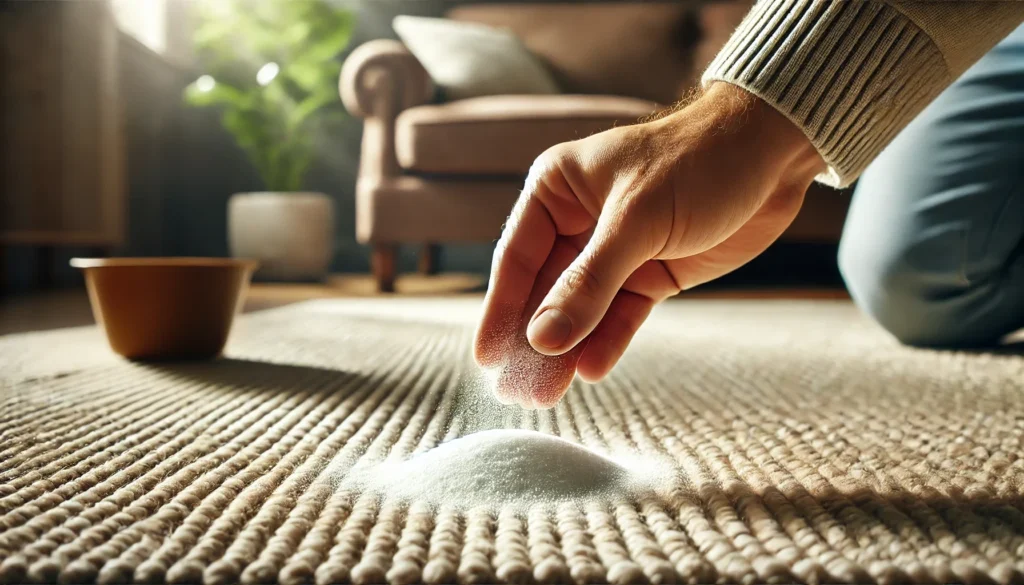 A person sprinkling baking soda on a rug to deodorize it