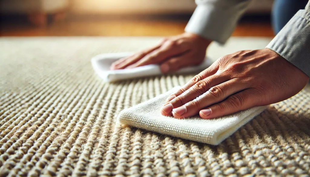 Close-up of hands blotting a stain on a rug with a clean cloth