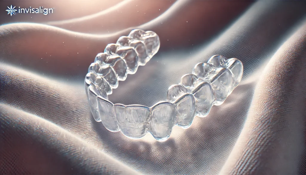 Close-up of sparkling Invisalign retainers on a clean, soft cloth in bright lighting, emphasizing clarity and hygiene. Tips on how to clean invisalign retainers