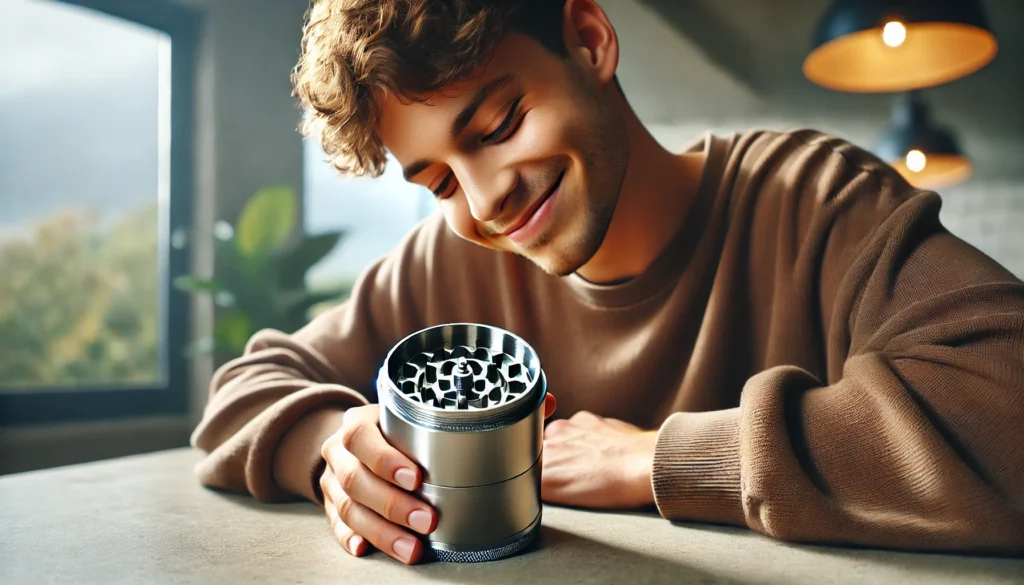 Person admiring how to clean weed grinder freshly cleaned and shiny, holding it up close with a satisfied expression