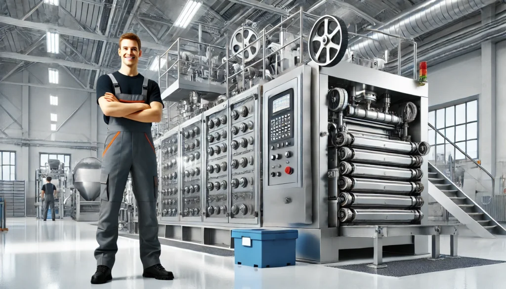 Satisfied worker standing next to a clean, high-performing concrete block machine in an industrial setting