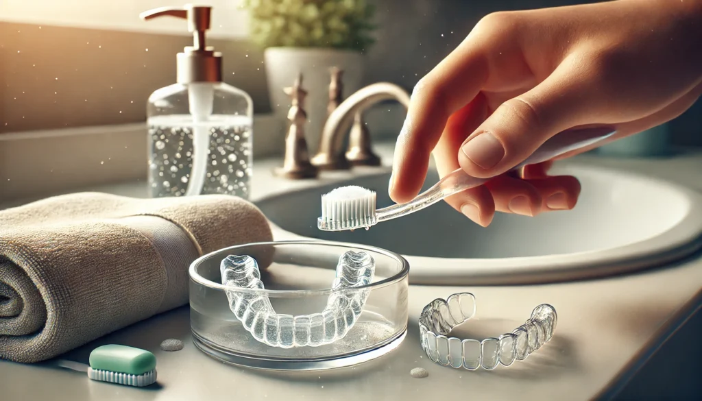 The image shows a person dipping a soft-bristled toothbrush into a dish containing a mild, clear soap solution. Next to the dish are clear Invisalign retainers, ready for gentle scrubbing.