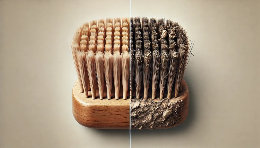 Wide image showing two boar bristle brushes side by side. The left brush is clean with light-colored bristles and a smooth wooden handle. The right brush is used, with darkened, clumped bristles and visible dust and debris.