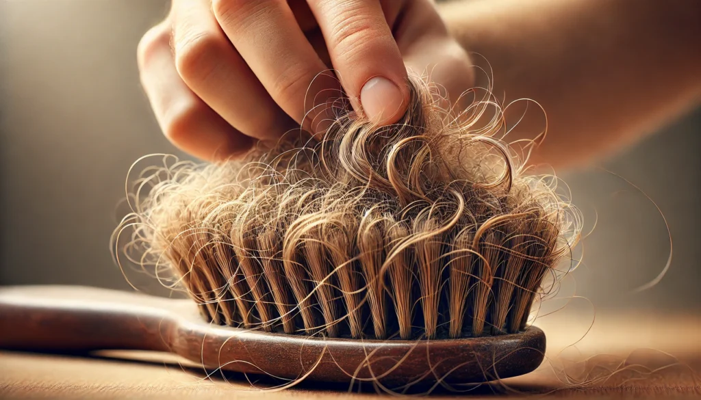 Wide, realistic close-up image of a person removing hair from a boar bristle brush. The brush has densely packed bristles with hair intertwined. A hand is carefully pulling out a clump of hair.