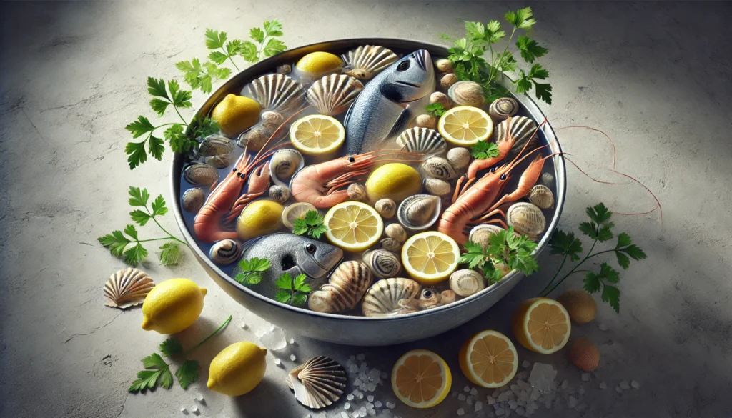 a fresh seafood with lemons parsley and salt water