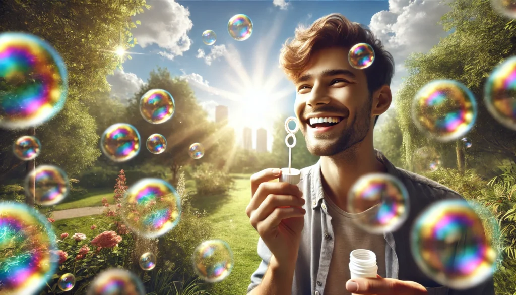 A smiling person blowing bubbles outdoors on a sunny day with a beautiful setting, showing how to make bubbles