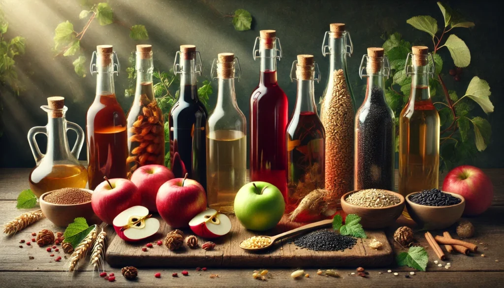 image of various vinegar bases like apples, wine, and grains arranged without labels on bottles, for how to make vinegar