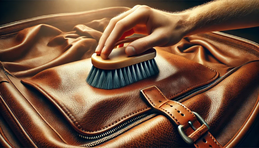 A realistic wide photographic image showing how to clean leather bag with lifelike details