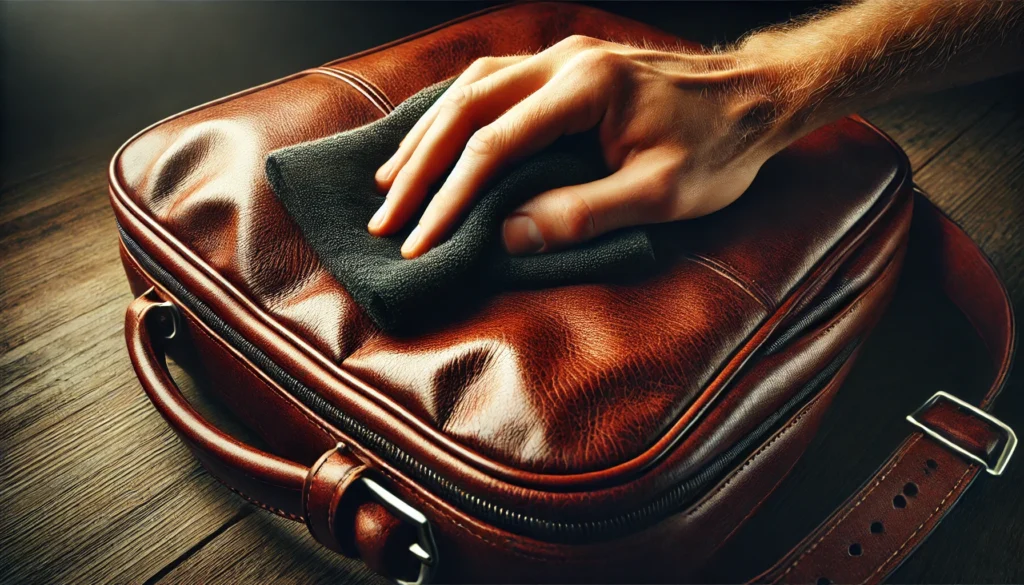 someone gently wiping down the surface of a leather bag with a damp cloth