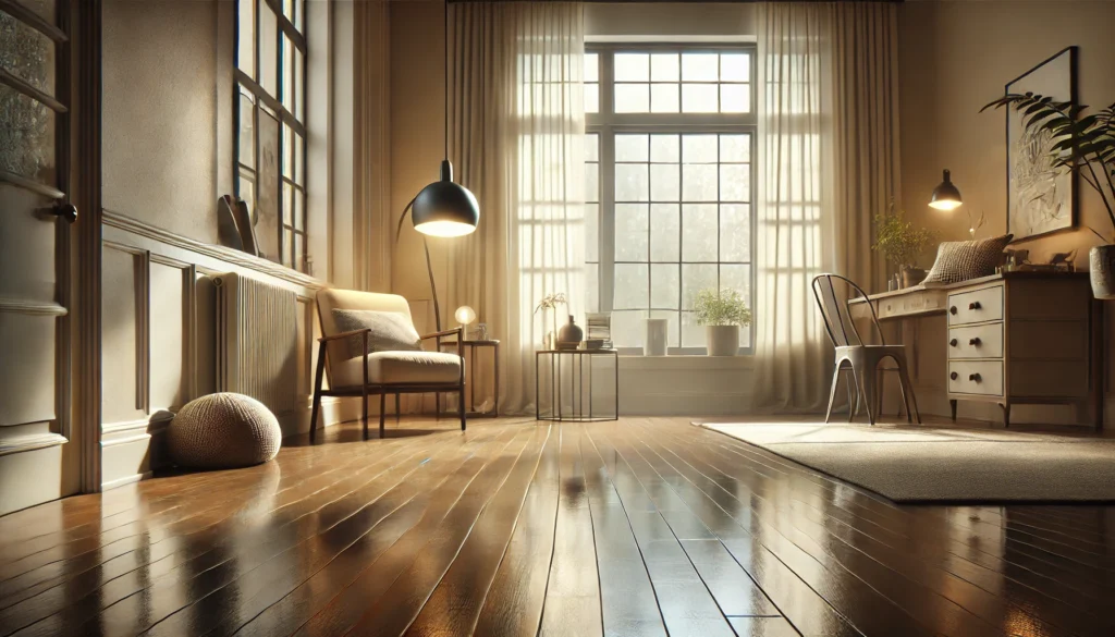 Wide-angle view of a sparkling clean vinyl floor in a cozy, well-lit room with natural lighting and fine details