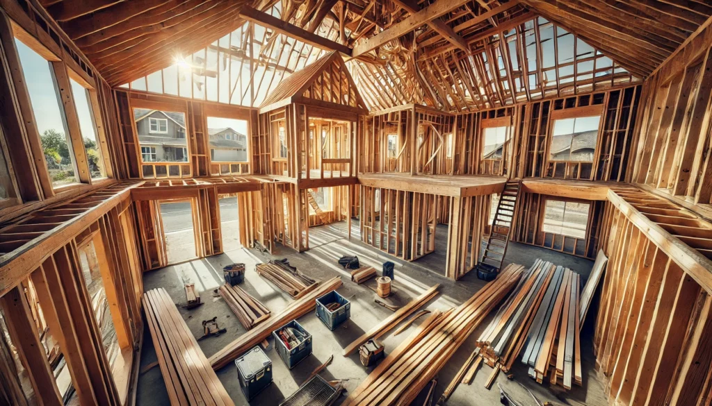 A skeleton view of a house under construction