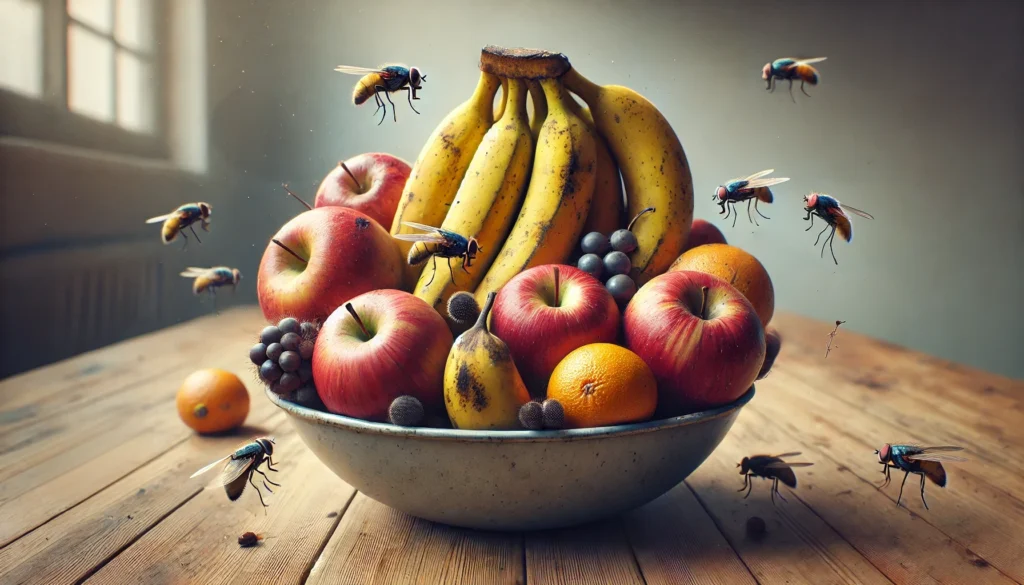 a fruit bowl containing bananas, apples, and oranges with flies