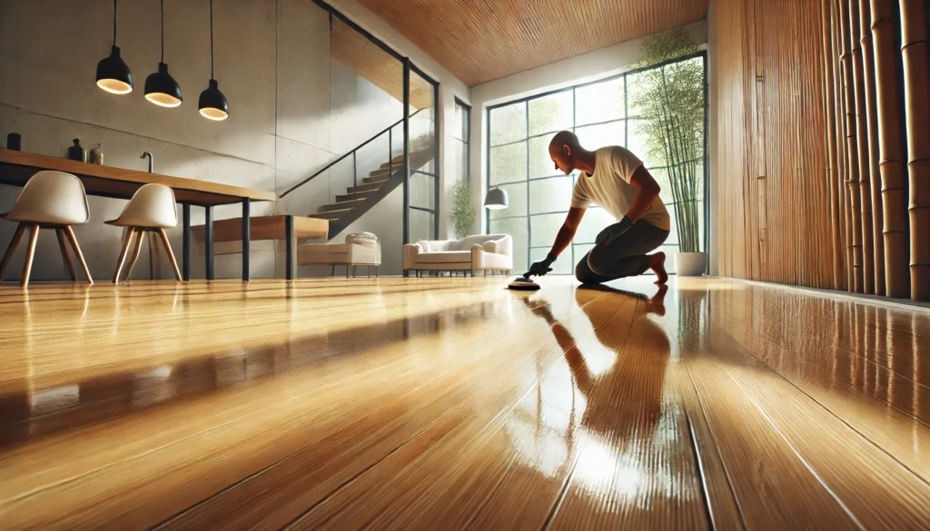 a person applying polish to bamboo floors in a bright modern interior, using a soft applicator or microfiber cloth for an even shine on the smooth natural finish