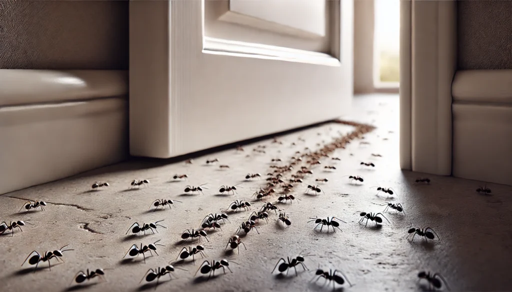 An image of an ant trail leading to a small crack or door gap