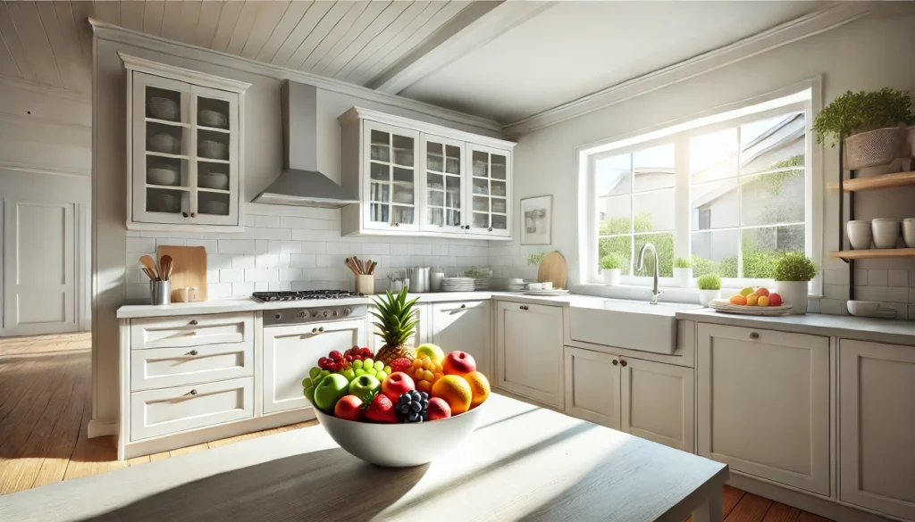 A clean kitchen with a fresh fruit bowl and no flies