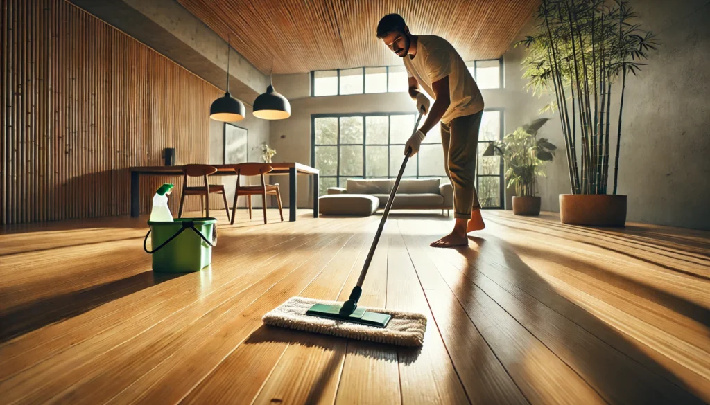 how to clean bamboo floors, featuring a person using an eco-friendly cleaner and microfiber mop on warm, natural bamboo flooring in a modern, well-lit room