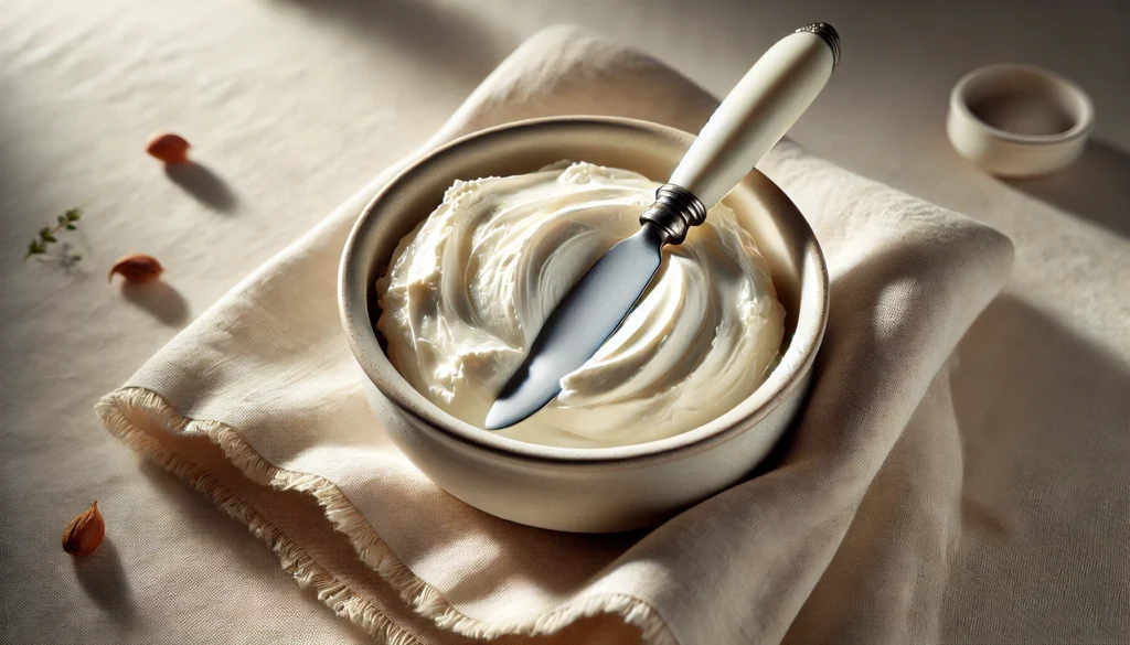 Smooth, creamy homemade cream cheese in a bowl with a spreading knife. Tips on how to make cream cheese.