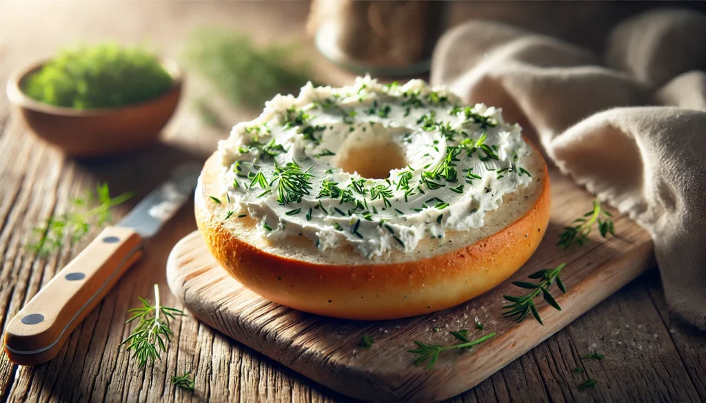 Toasted bagel with cream cheese and fresh herbs